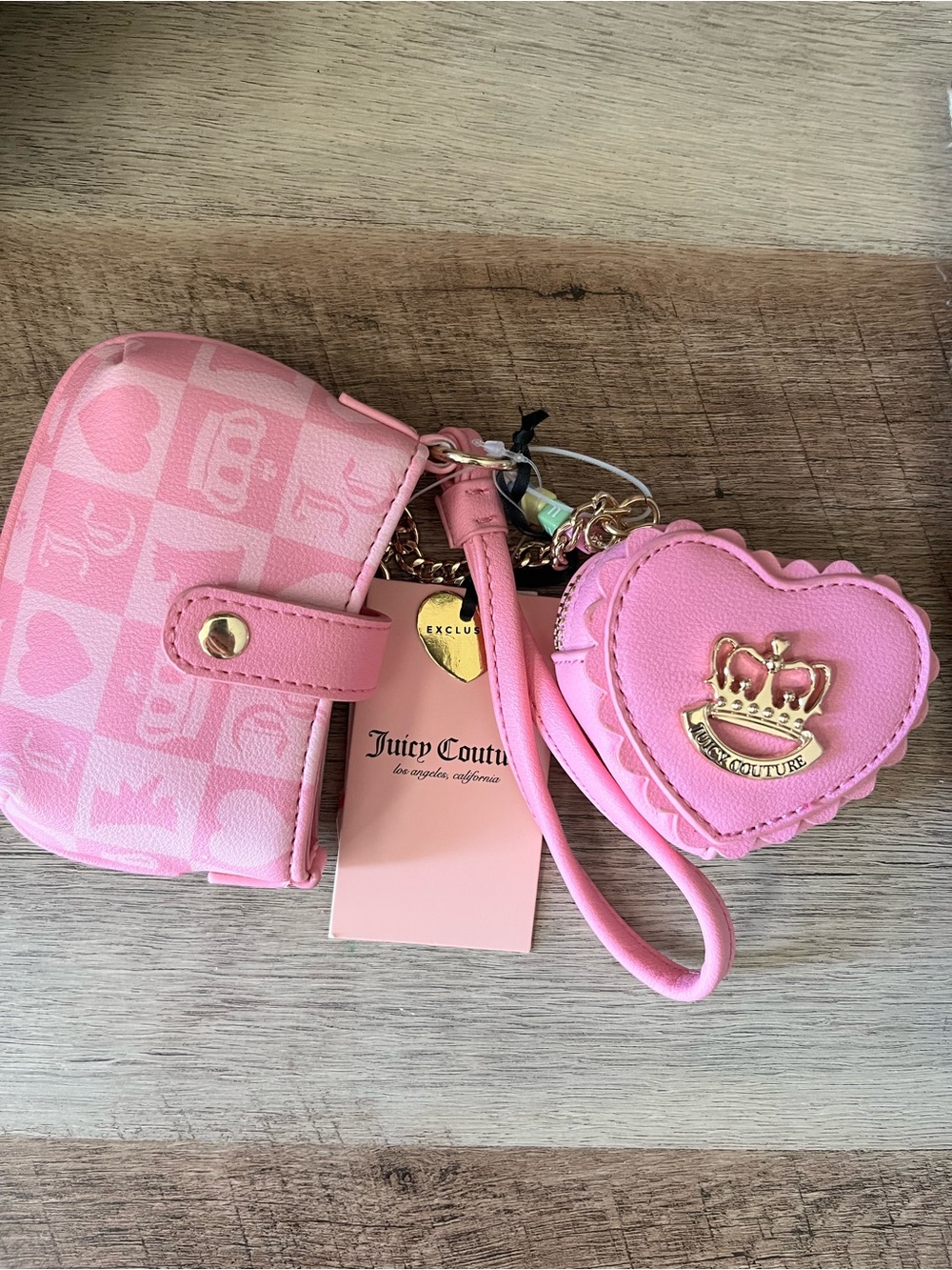 👑 NWT Juicy Couture Pink Checkerboard Micro Bag & Heart Charm Pouch Set